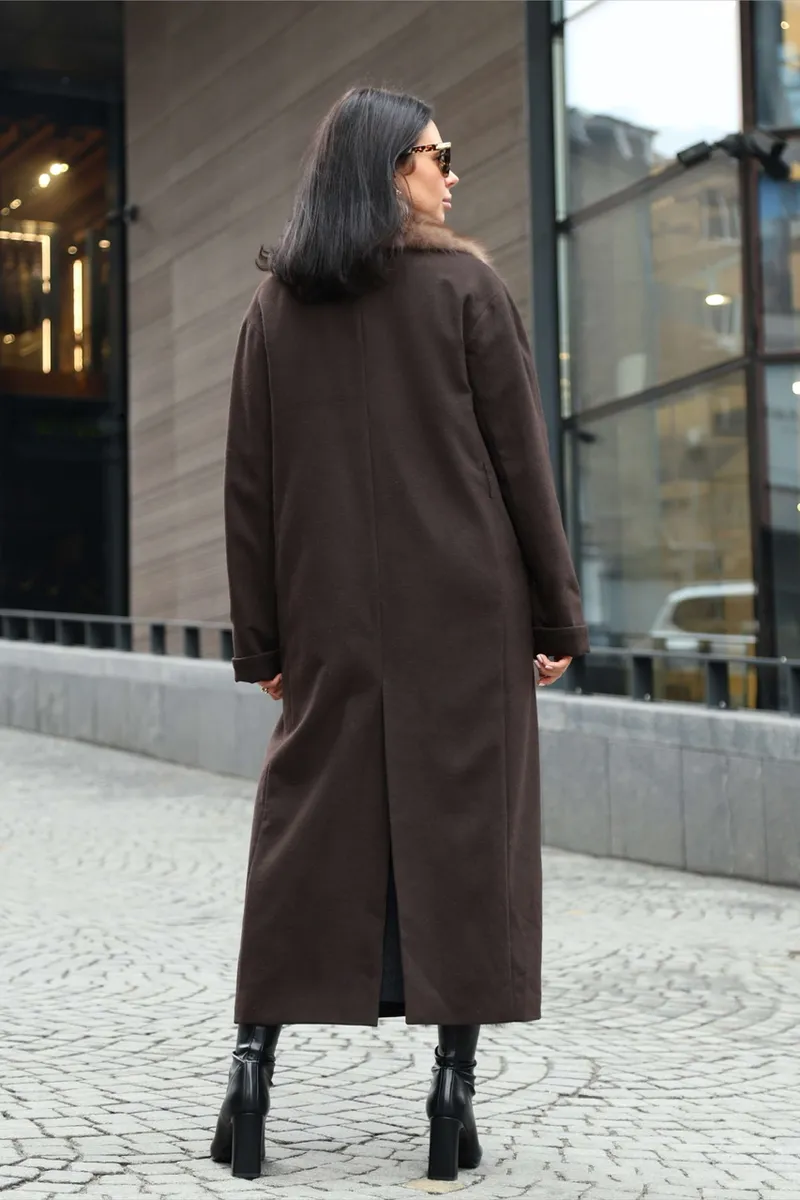 Chocolate cashmere coat with marten fur trim