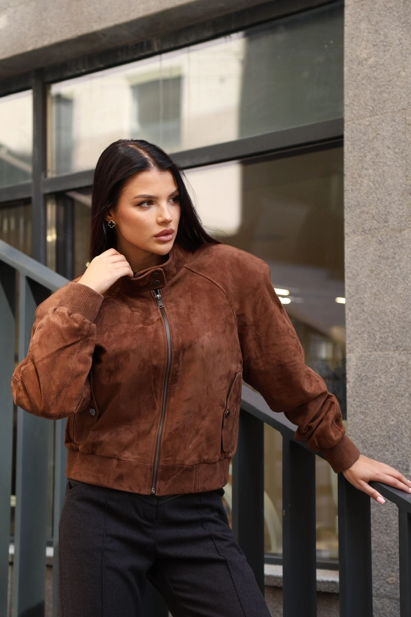 Suede bomber jacket with a stand-up collar