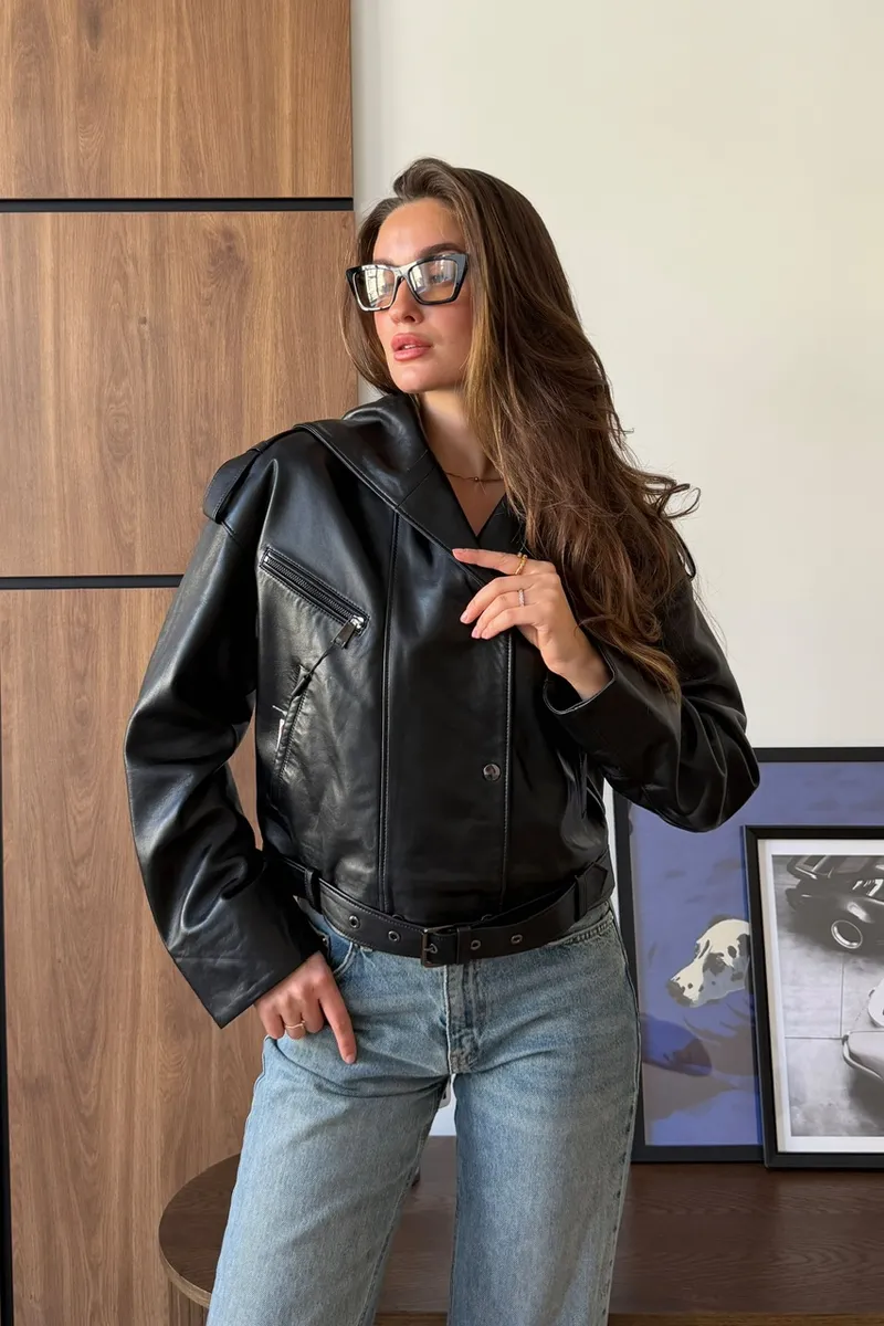 Bomber jacket made of smooth, glossy black leather
