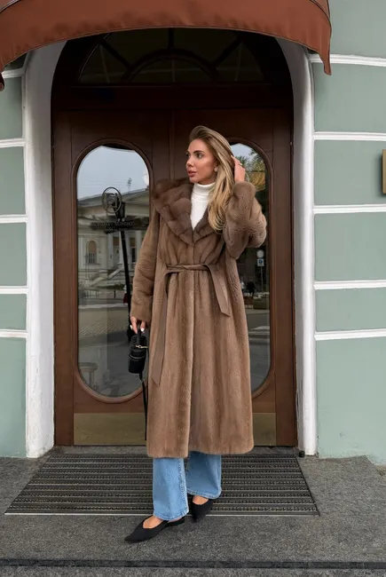 Pastel mink fur coat with a marten fur hood