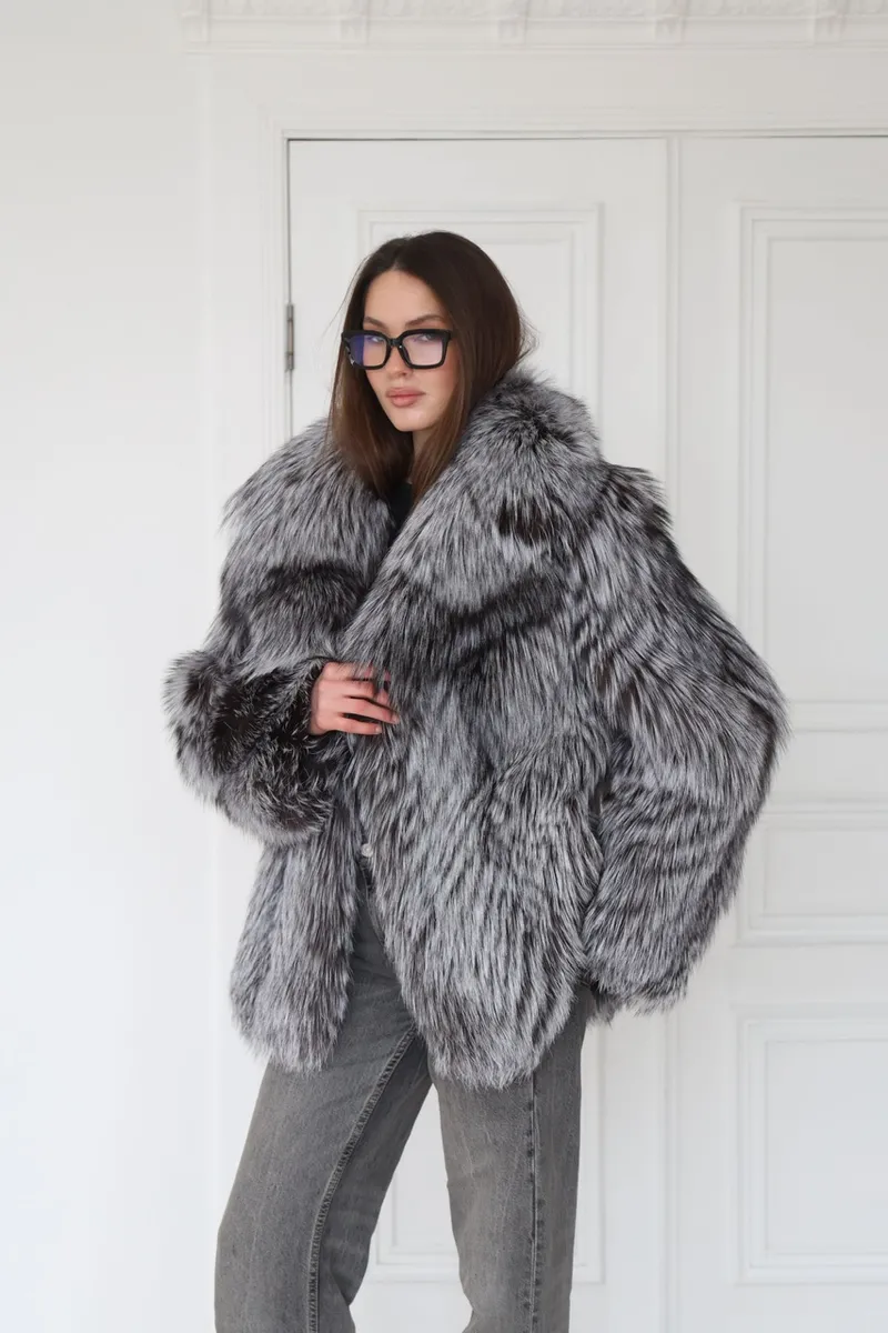 Silver fox fur coat with a notch collar