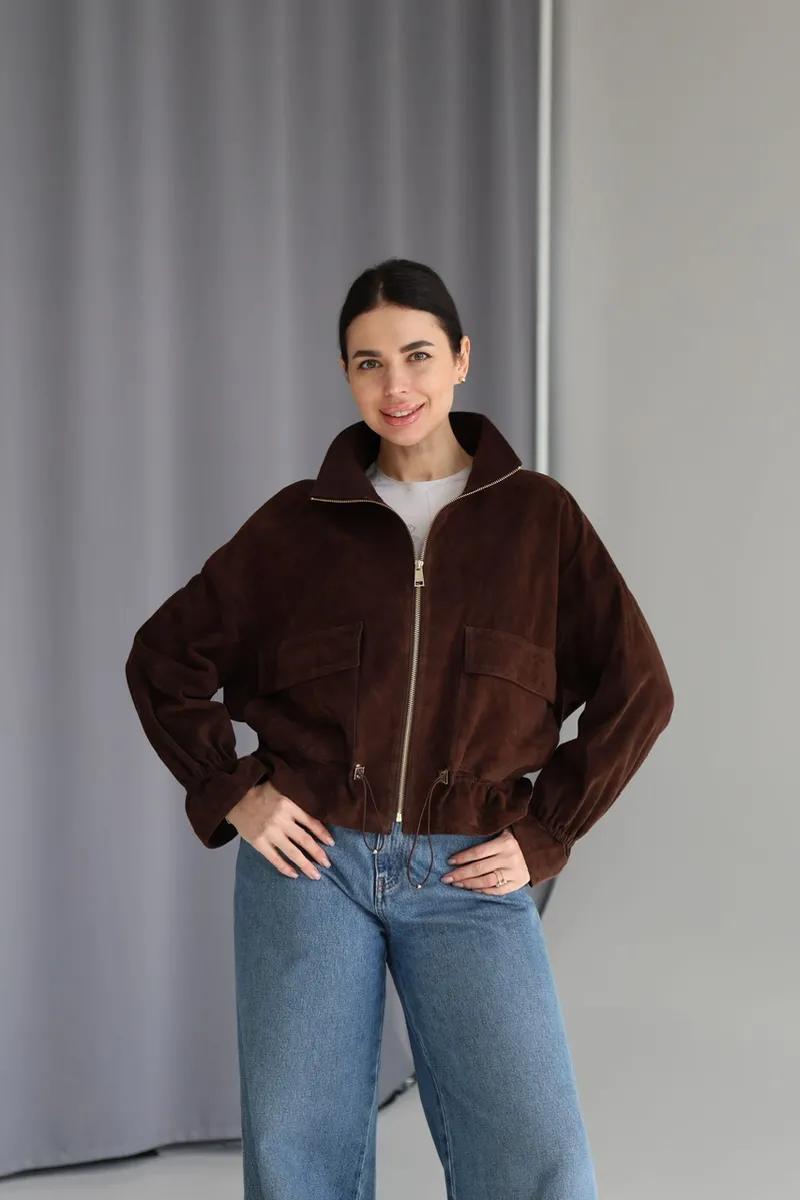 Suede bomber jacket with gold hardware