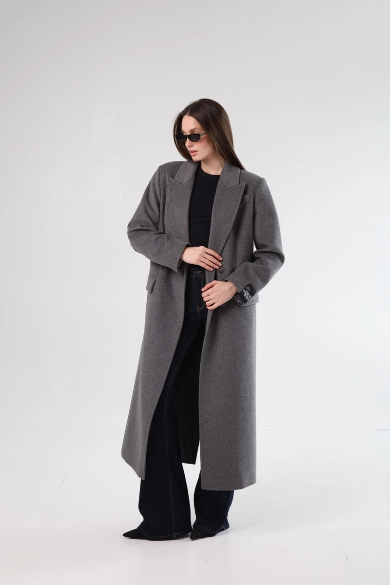 Gray straight cut coat in maxi length