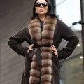 Chocolate cashmere coat with marten fur trim