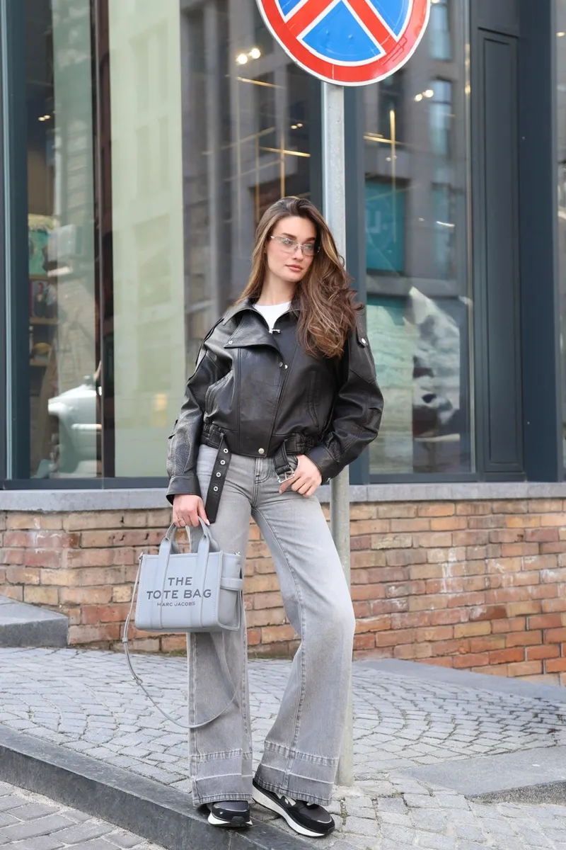 Loose-fit biker jacket made of textured leather