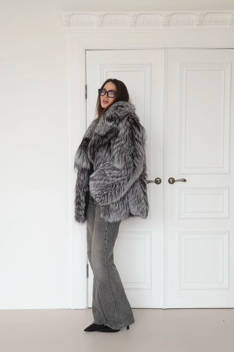 Silver fox fur coat with a notch collar