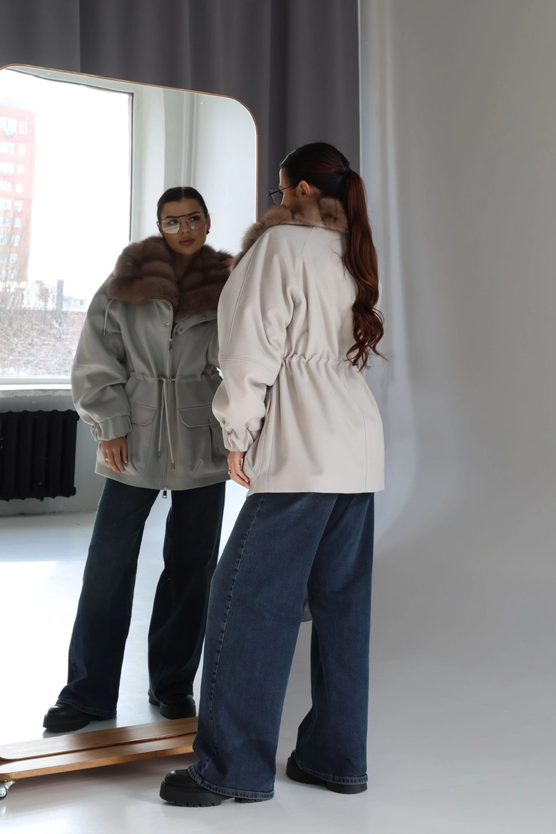 Gray cashmere coat with marten fur on the collar