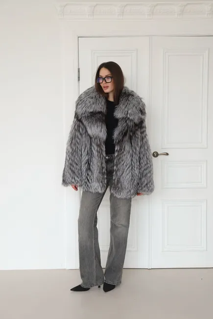 Silver fox fur coat with a notch collar