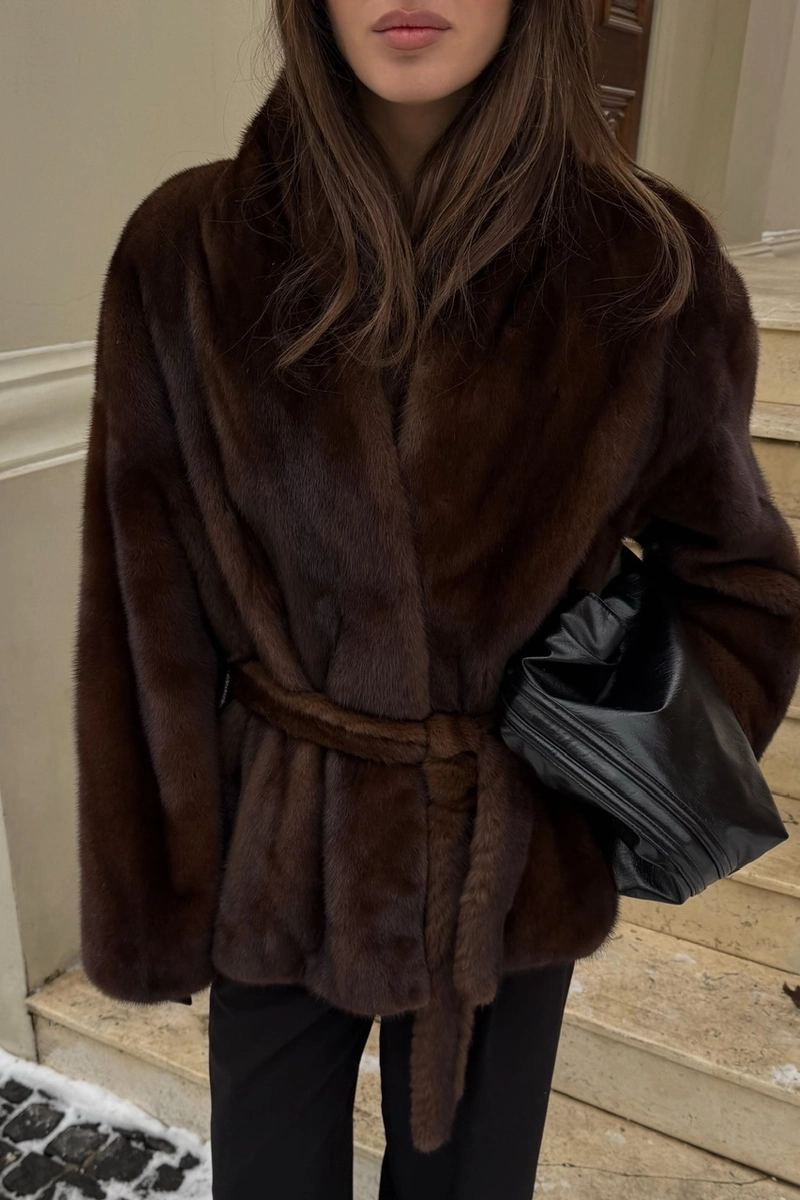 Brown mink fur coat with a shawl collar