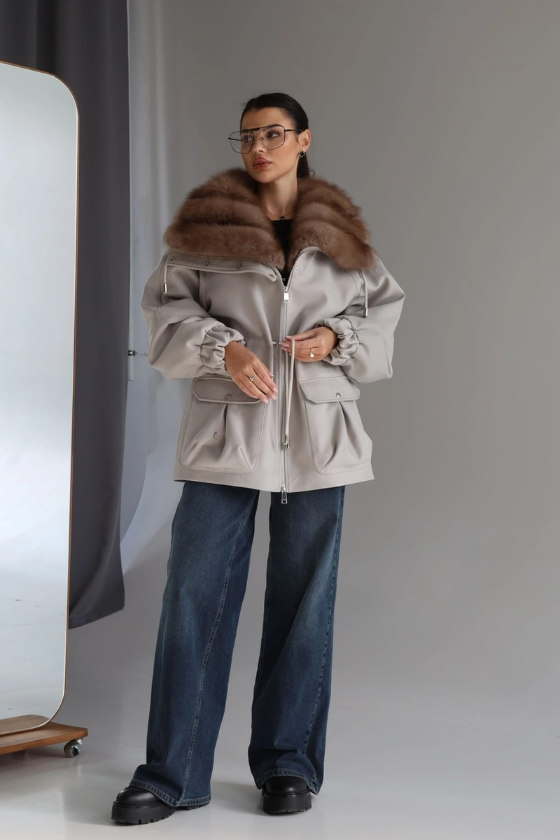 Gray cashmere coat with marten fur on the collar