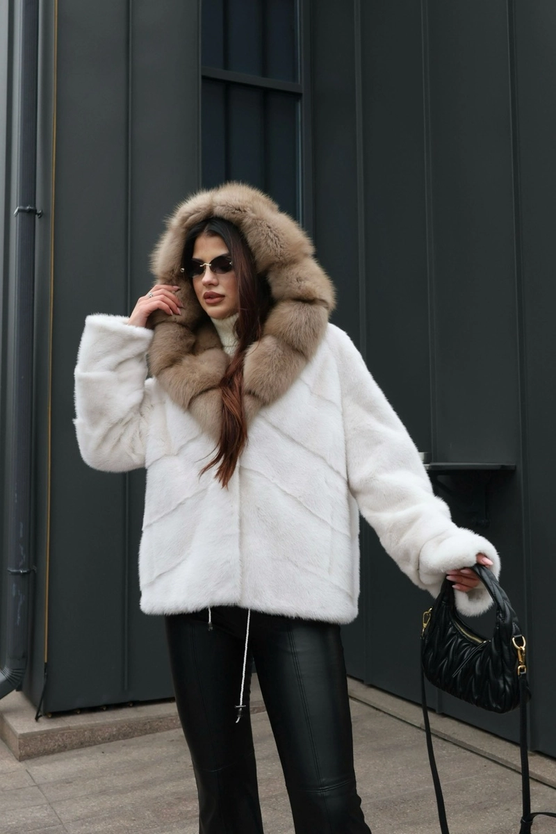 A mink coat with a hood and marten fur trim