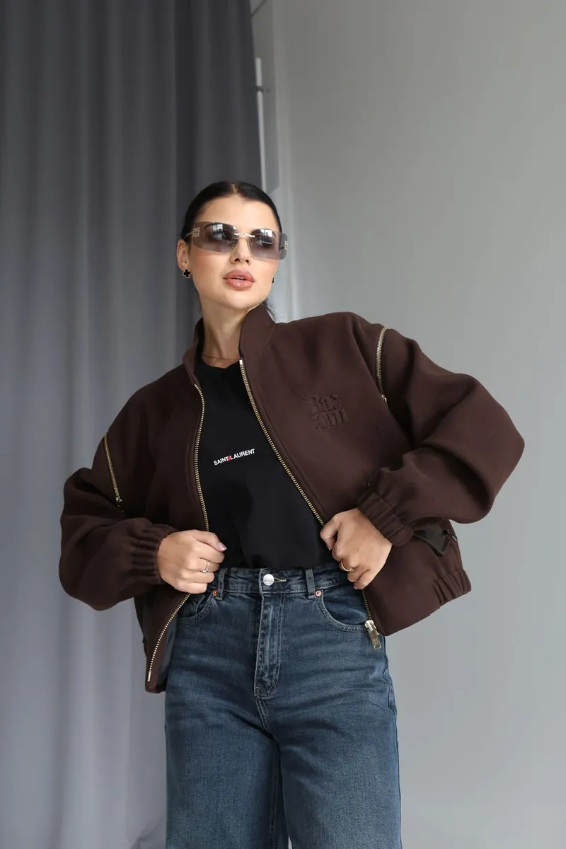 Cropped bomber-coat in chocolate color
