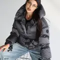 Stylish metallic gray down jacket with hood