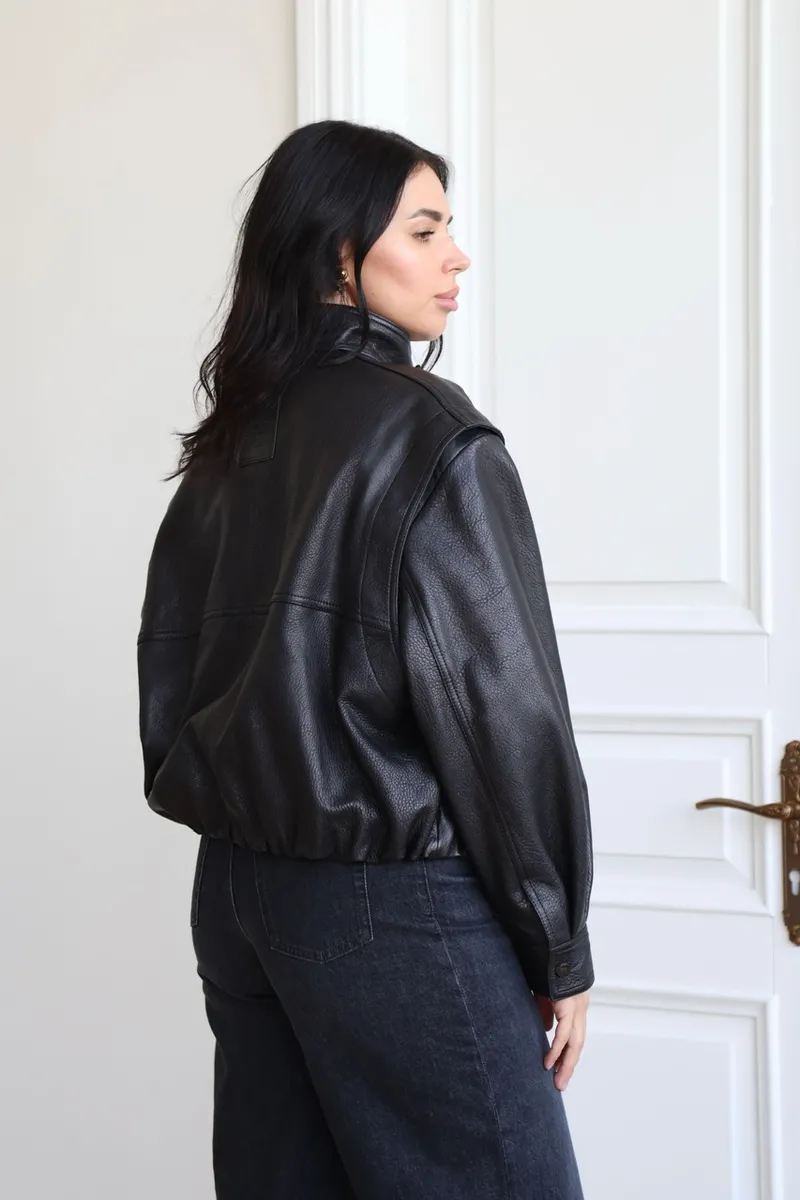 Black textured leather bomber jacket
