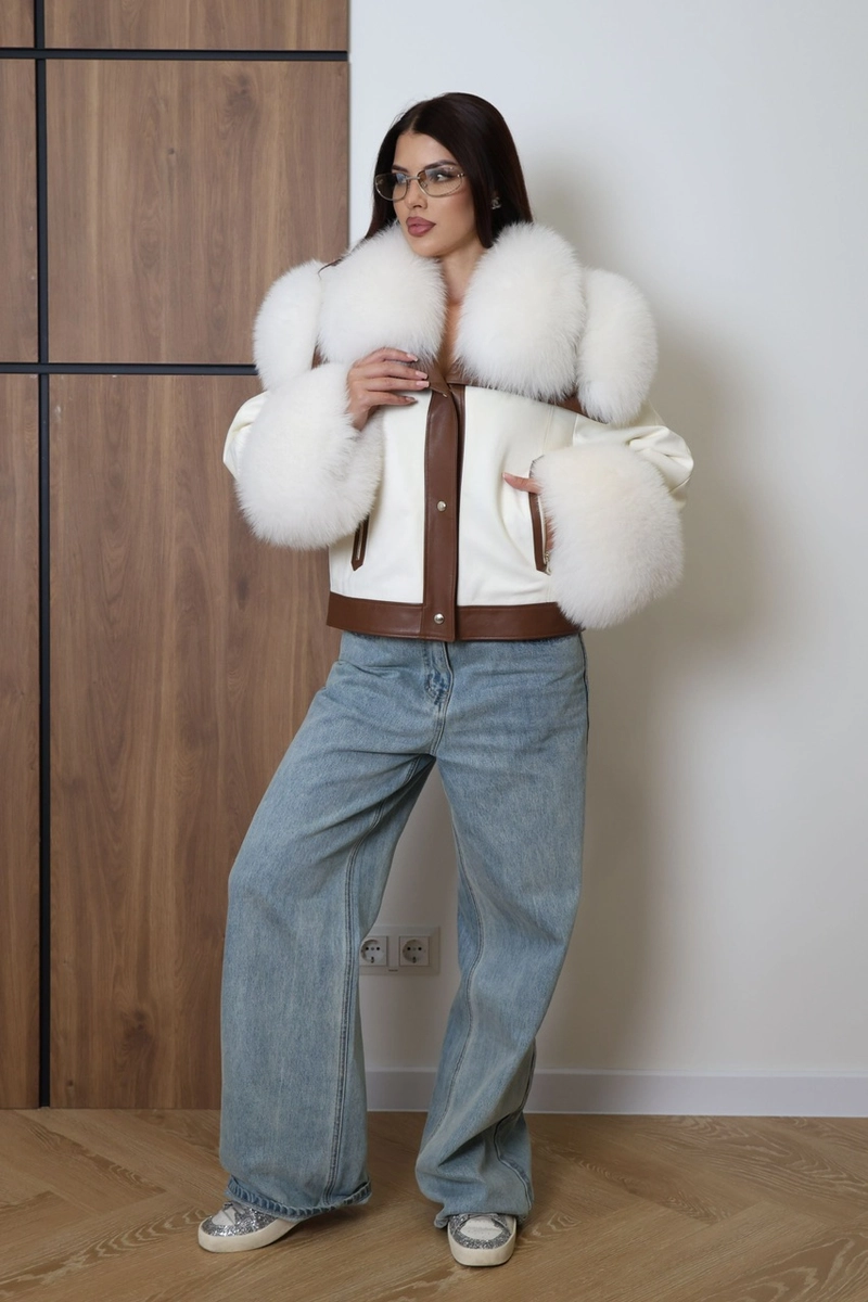 Insulated leather jacket with Arctic fox fur trim