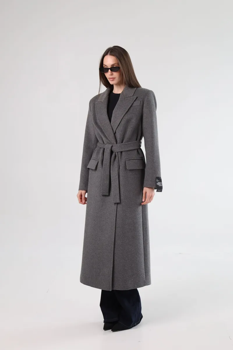 Gray straight cut coat in maxi length