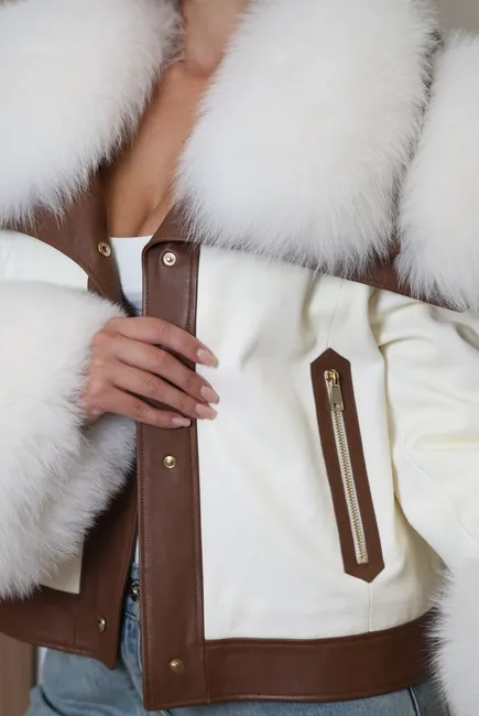 Insulated leather jacket with Arctic fox fur trim