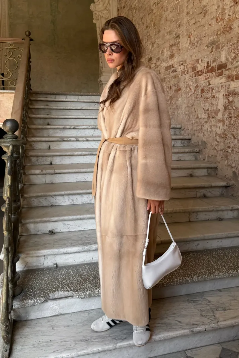 Maxi-length Palomino mink fur coat