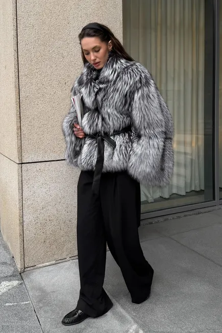 Silver fox fur coat with a stand-up collar