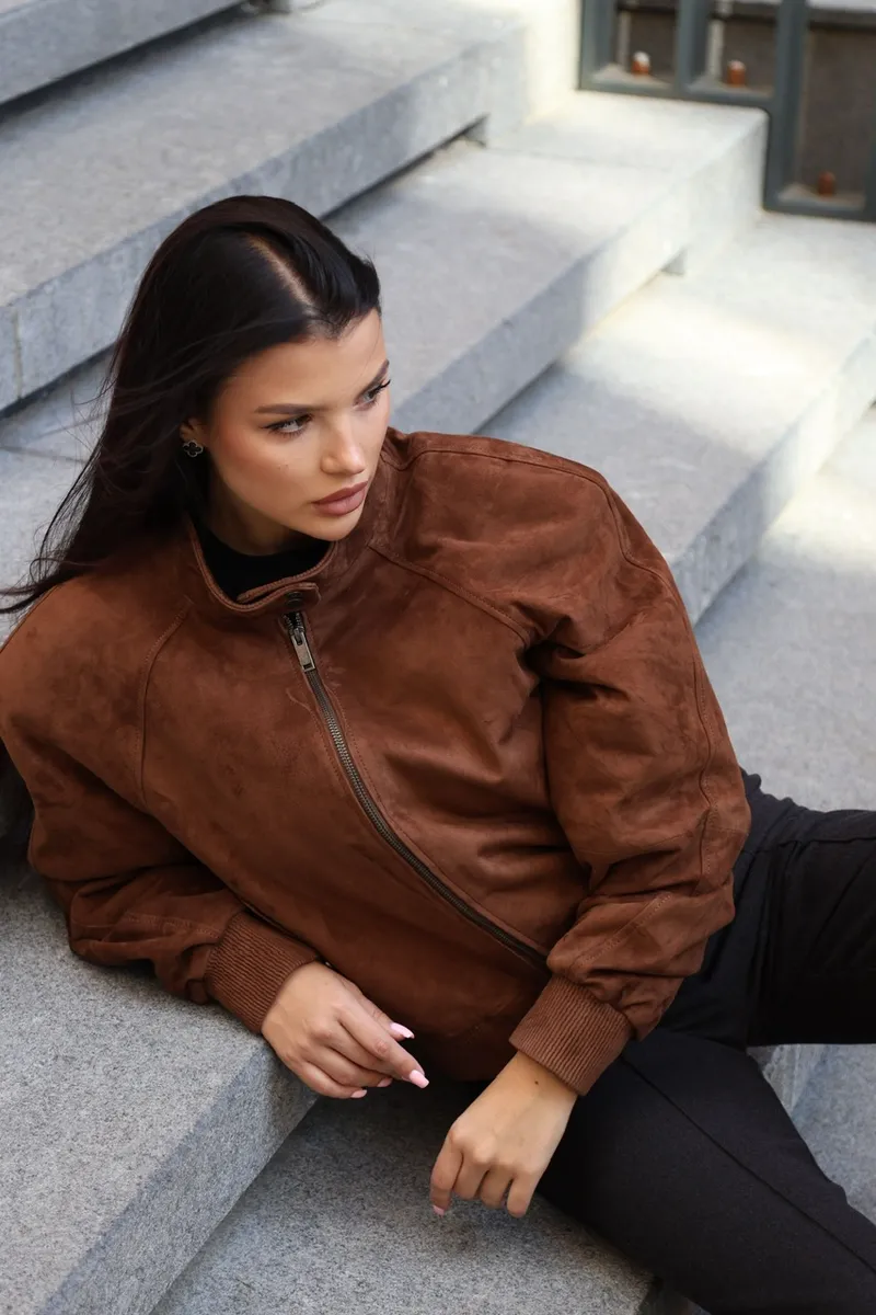 Suede bomber jacket with a stand-up collar