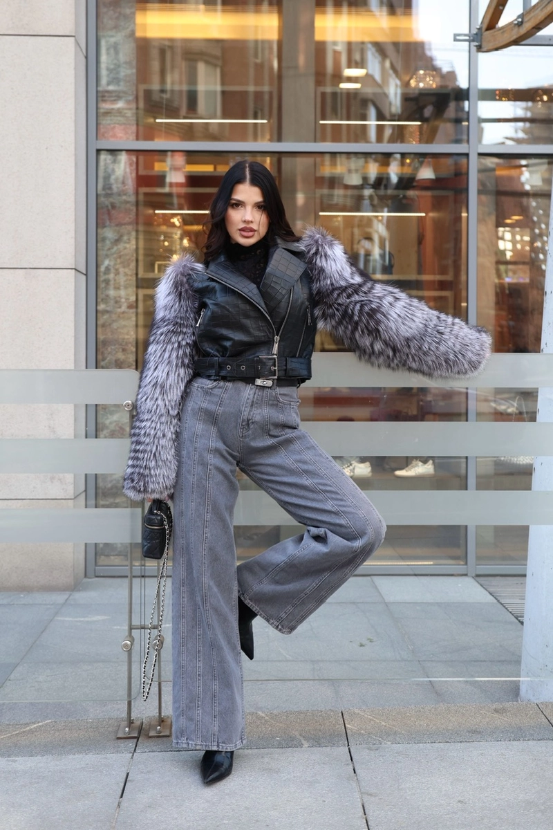 Leather jacket with fox fur sleeves
