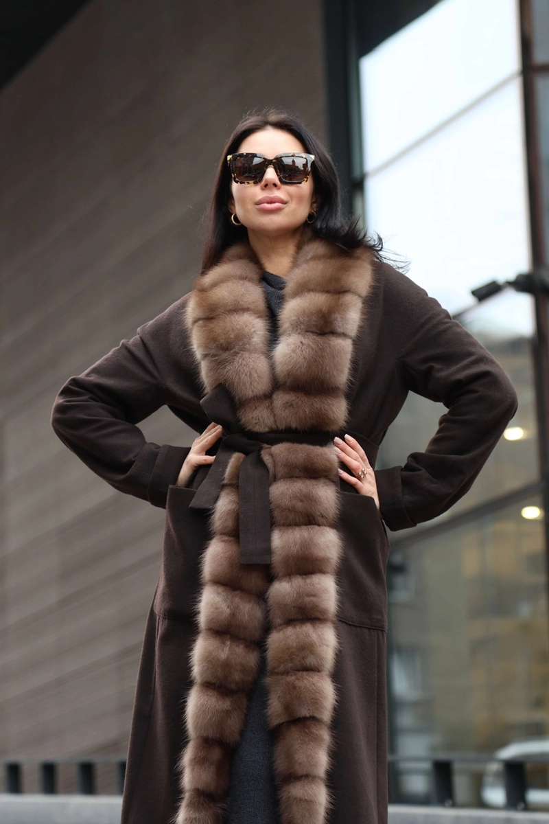 Chocolate cashmere coat with marten fur trim