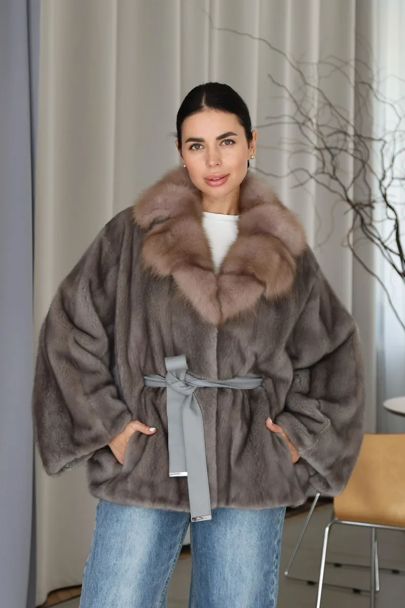 Mink kimono with marten fur on the collar