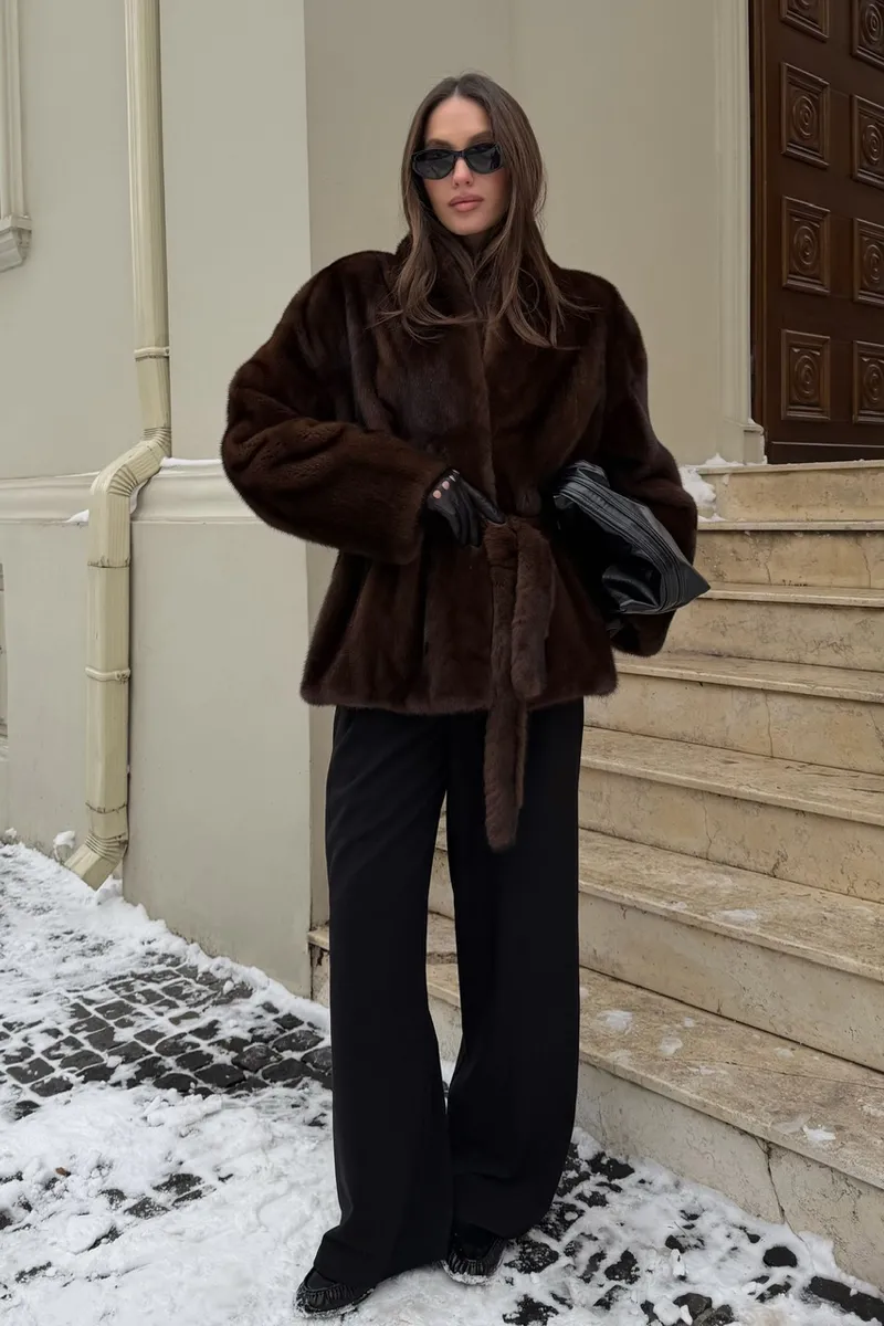 Brown mink fur coat with a shawl collar