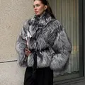 Silver fox fur coat with a stand-up collar