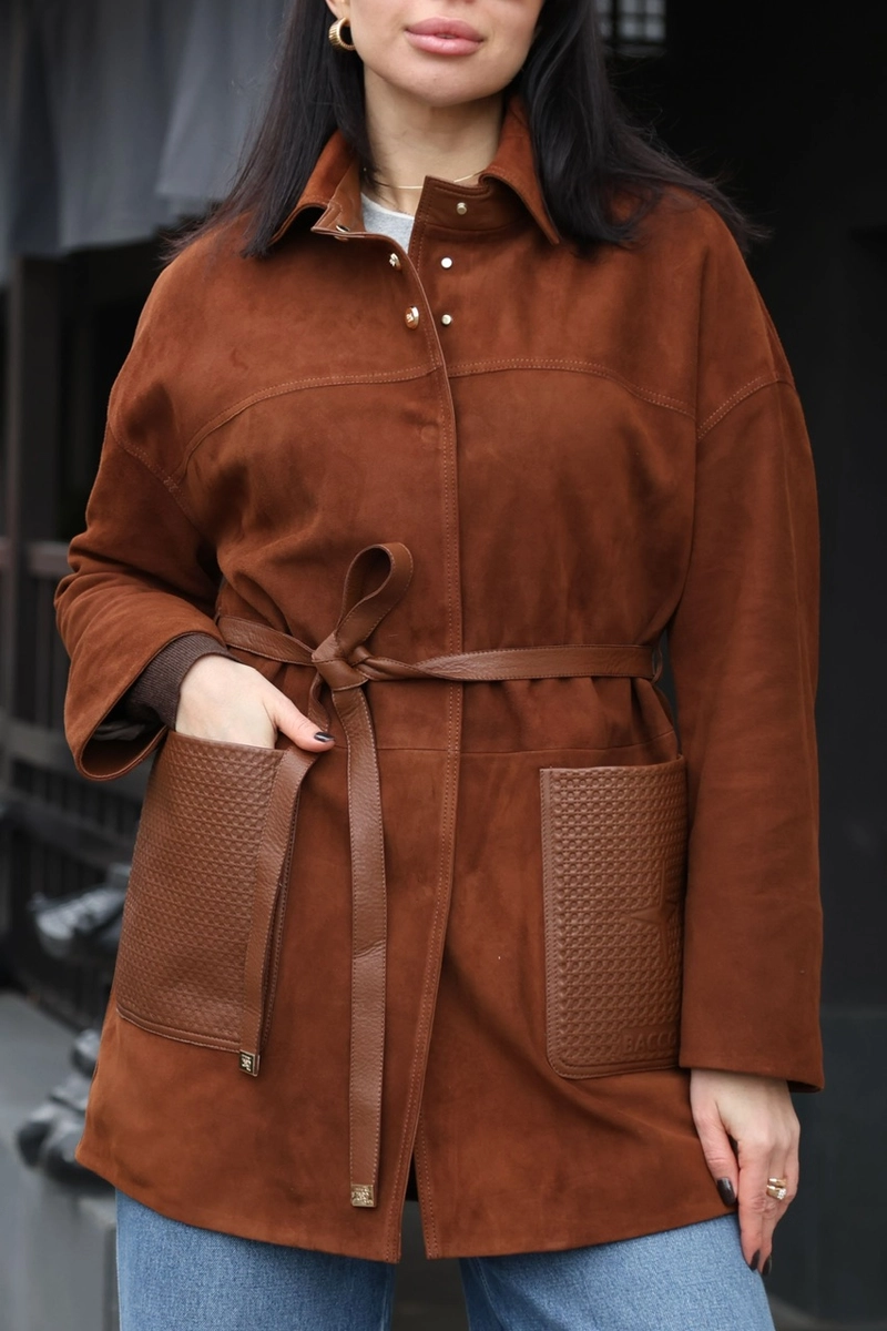 Long suede jacket in whiskey color