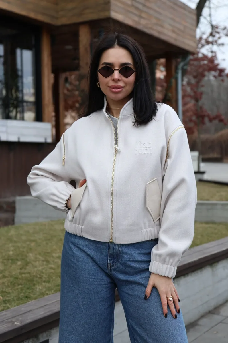Cropped bomber-coat in basic beige colour 
