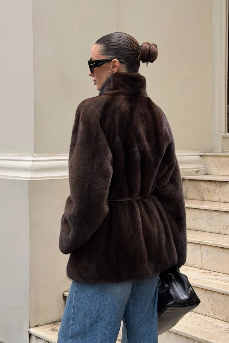 Belted mink fur coat with patch pockets