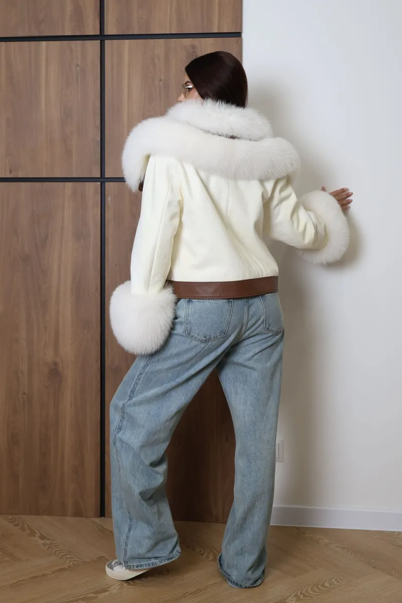 Insulated leather jacket with Arctic fox fur trim