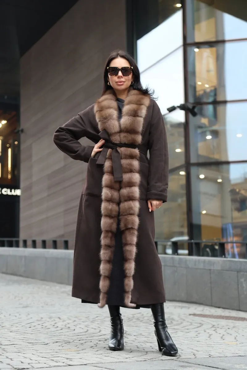 Chocolate cashmere coat with marten fur trim