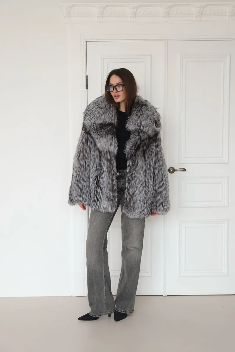 Silver fox fur coat with a notch collar