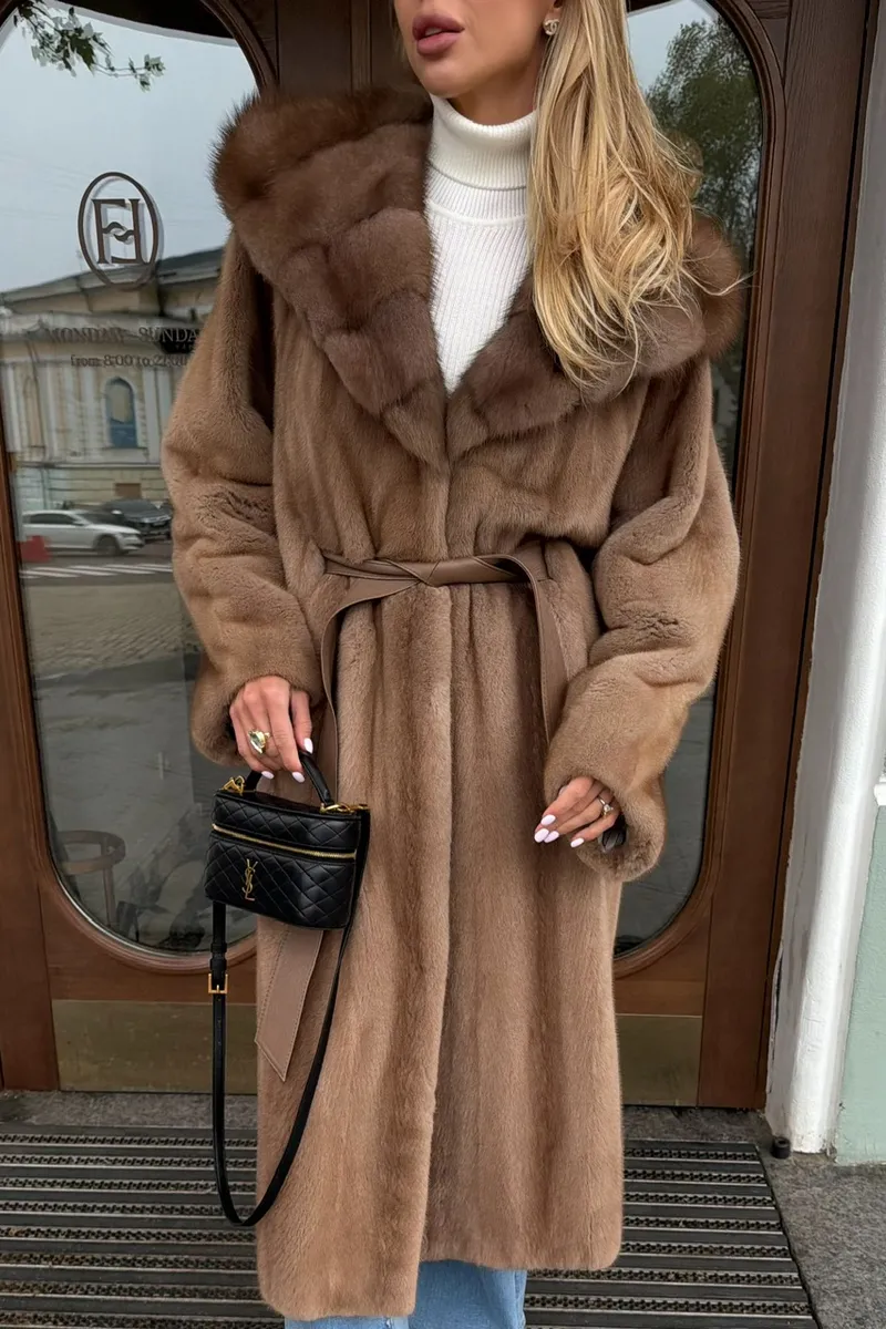 Pastel mink fur coat with a marten fur hood
