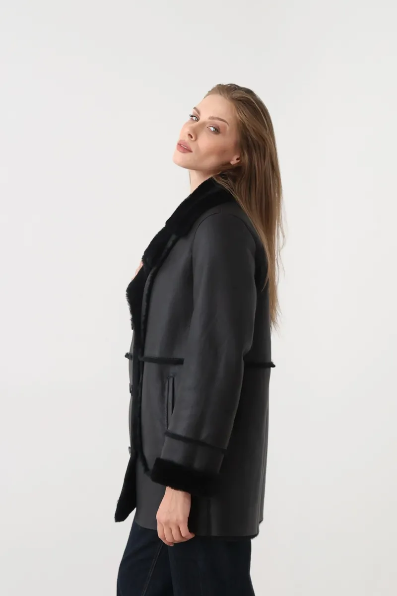 A basic merino sheepskin coat with buttons
