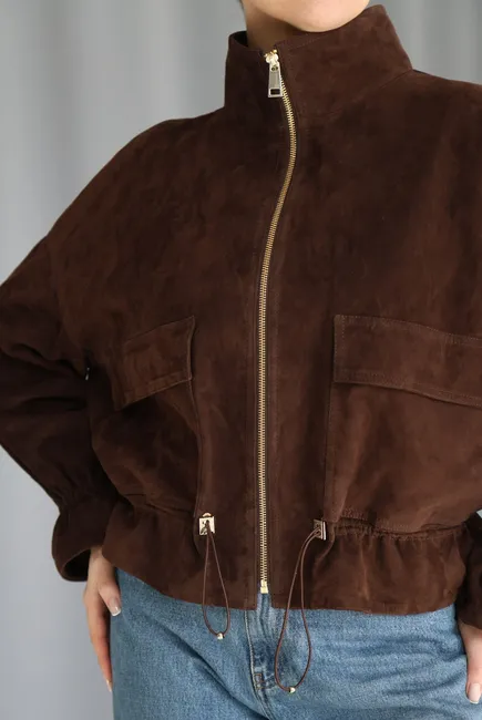 Suede bomber jacket with gold hardware
