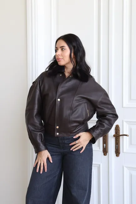Textured leather jacket with Orilag fur trim