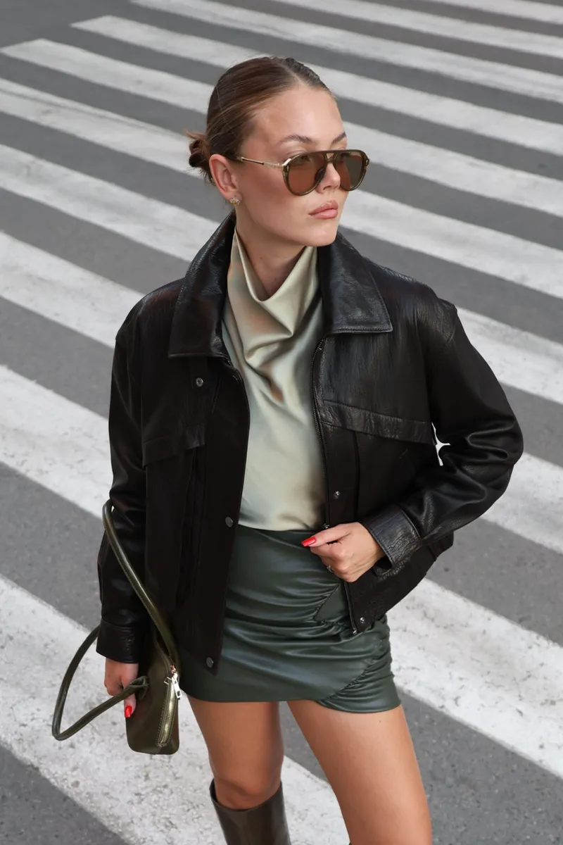 Smooth leather jacket with a shirt collar