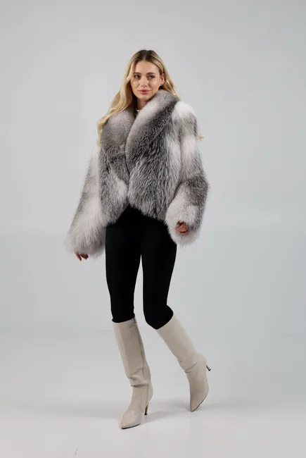 Fox fur coat in a shadow fawn shade