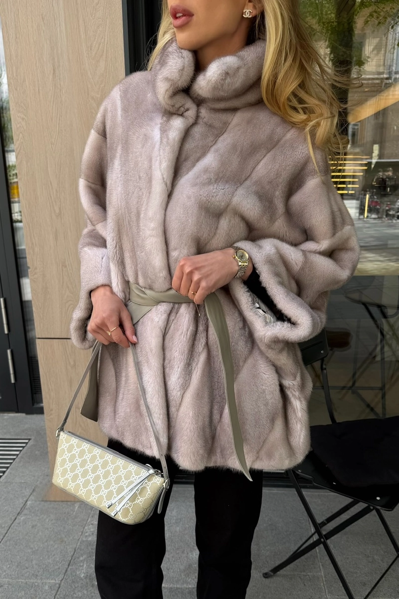 Ice mink fur coat with a stand collar