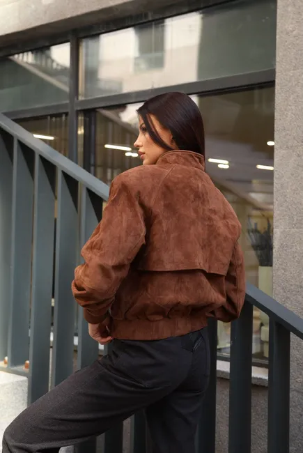 Suede bomber jacket with a stand-up collar