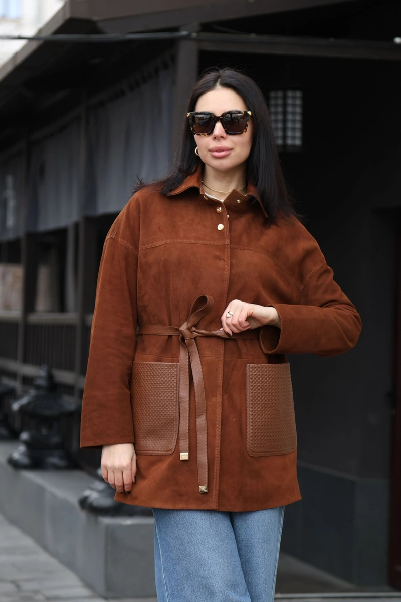 Long suede jacket in whiskey color