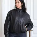 Black textured leather bomber jacket