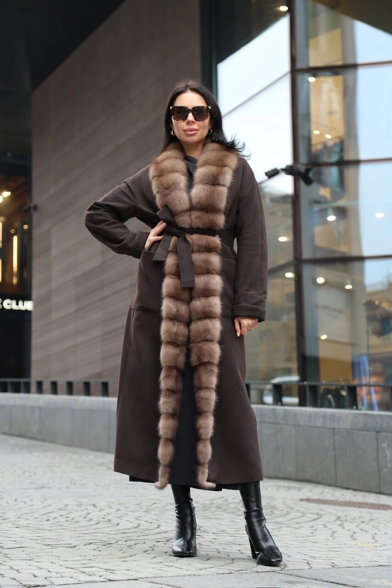 Chocolate cashmere coat with marten fur trim