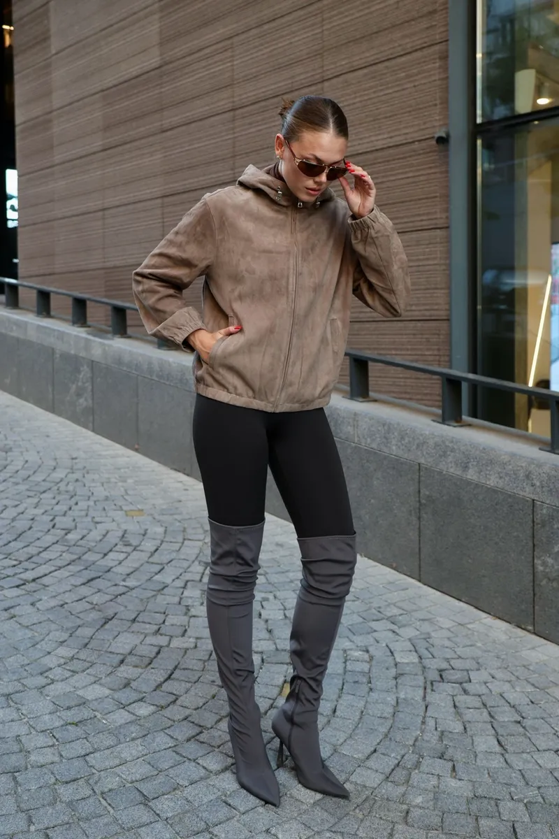 Basic light beige suede bomber jacket