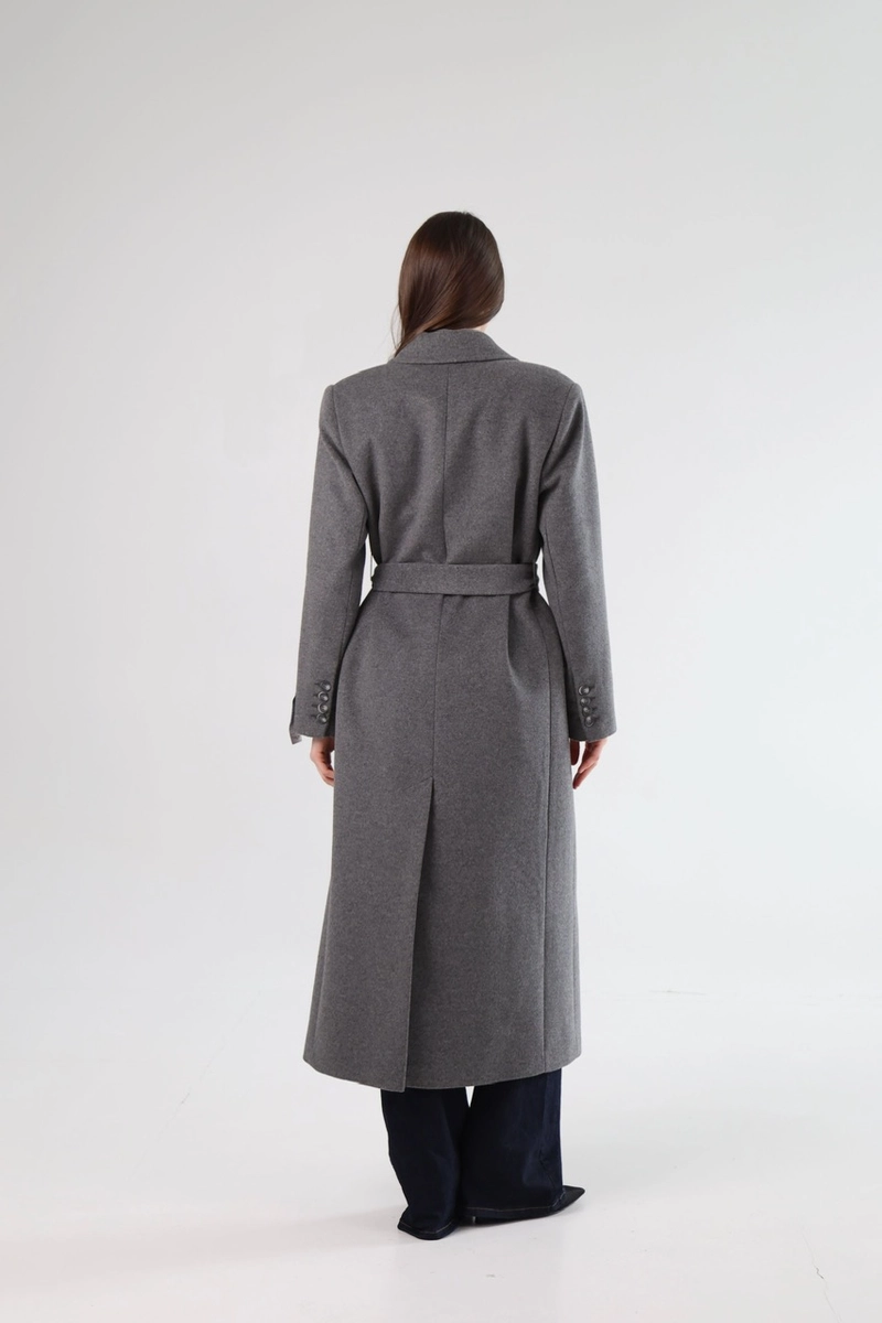 Gray straight cut coat in maxi length