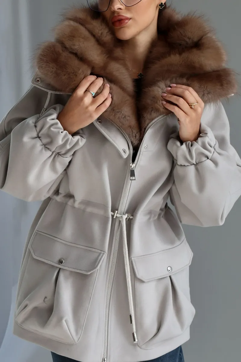 Gray cashmere coat with marten fur on the collar