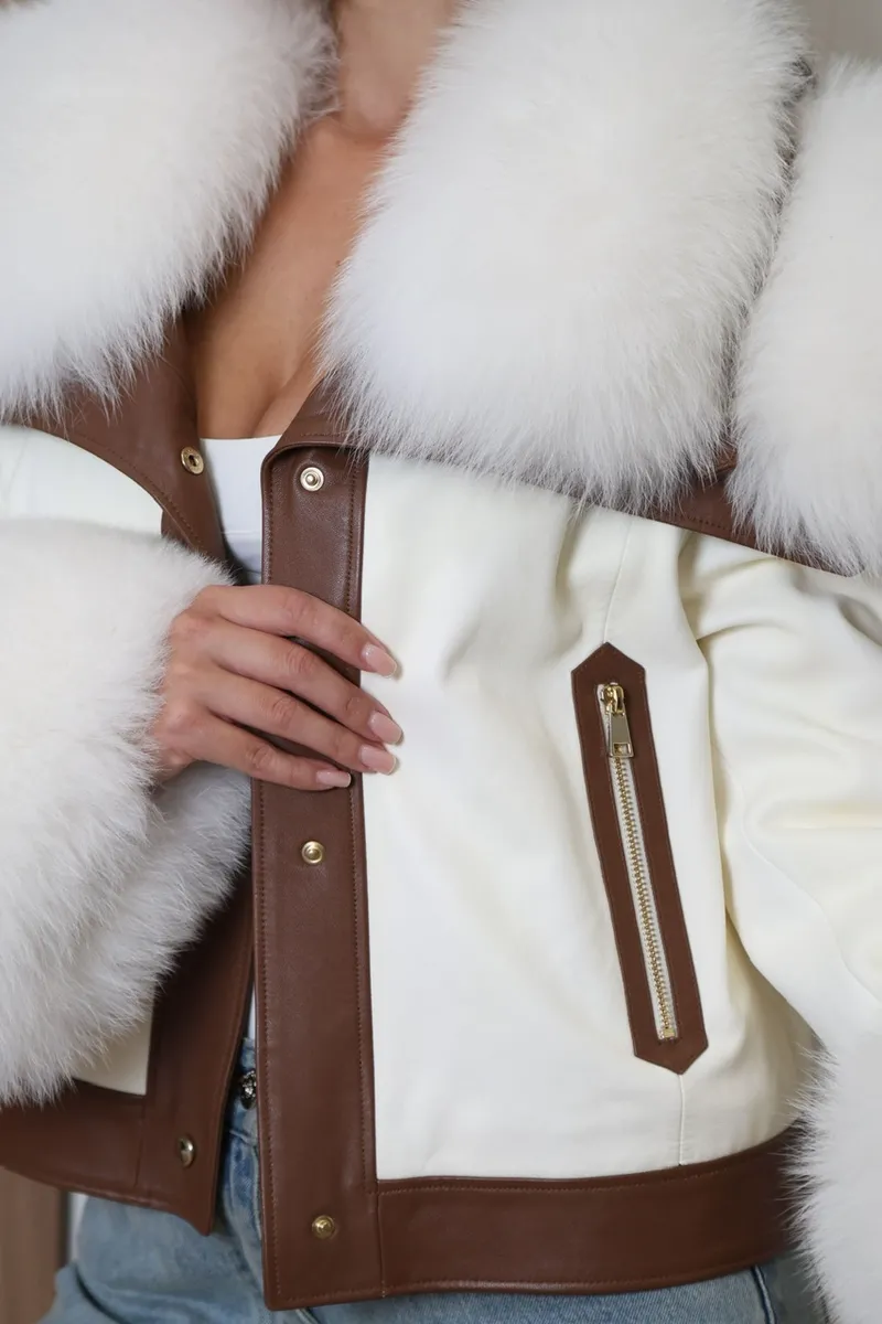 Insulated leather jacket with Arctic fox fur trim
